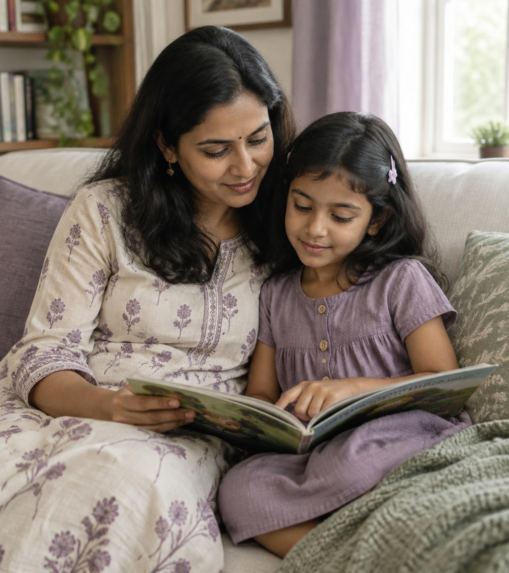 Indian mother reading a book with her daughter